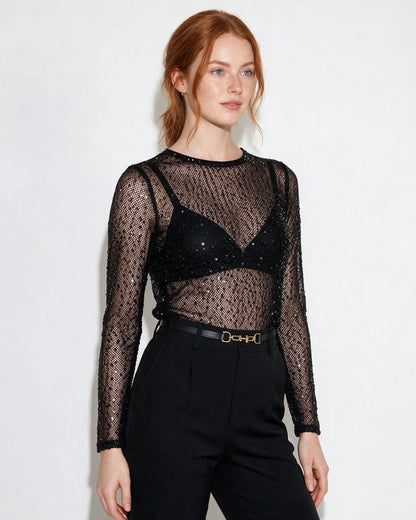 Sequin Mesh Long Sleeve Top Sheer Fit 2