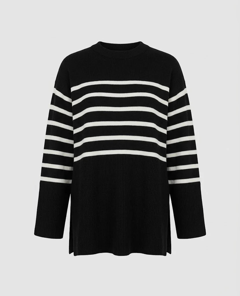 Striped Color-Block Knit Sweater | Women Longline Pullover 0