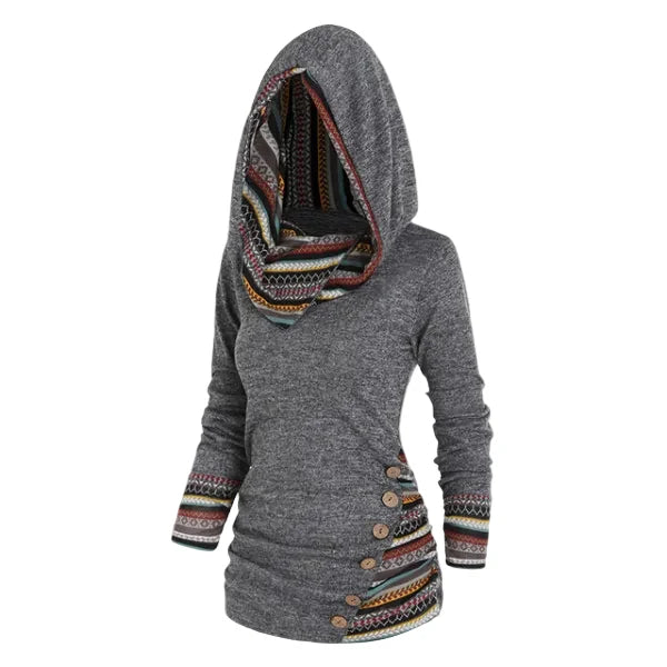 Tribal Hooded Fleece Sweatshirt Women Longline Pullover 0