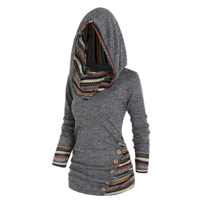 Tribal Hooded Fleece Sweatshirt Women Longline Pullover 0