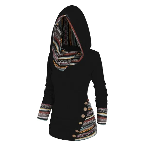 Tribal Hooded Fleece Sweatshirt Women Longline Pullover 1