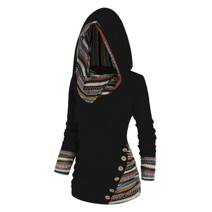 Tribal Hooded Fleece Sweatshirt Women Longline Pullover 1