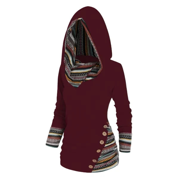 Tribal Hooded Fleece Sweatshirt Women Longline Pullover 2