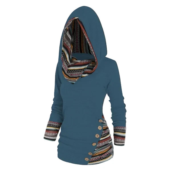 Tribal Hooded Fleece Sweatshirt Women Longline Pullover 3