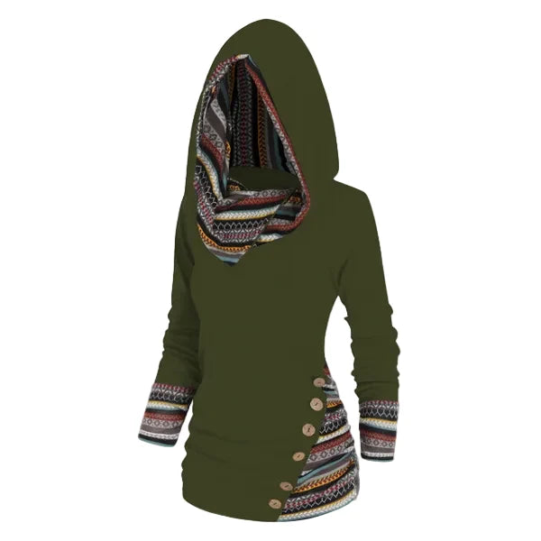 Tribal Hooded Fleece Sweatshirt Women Longline Pullover 4