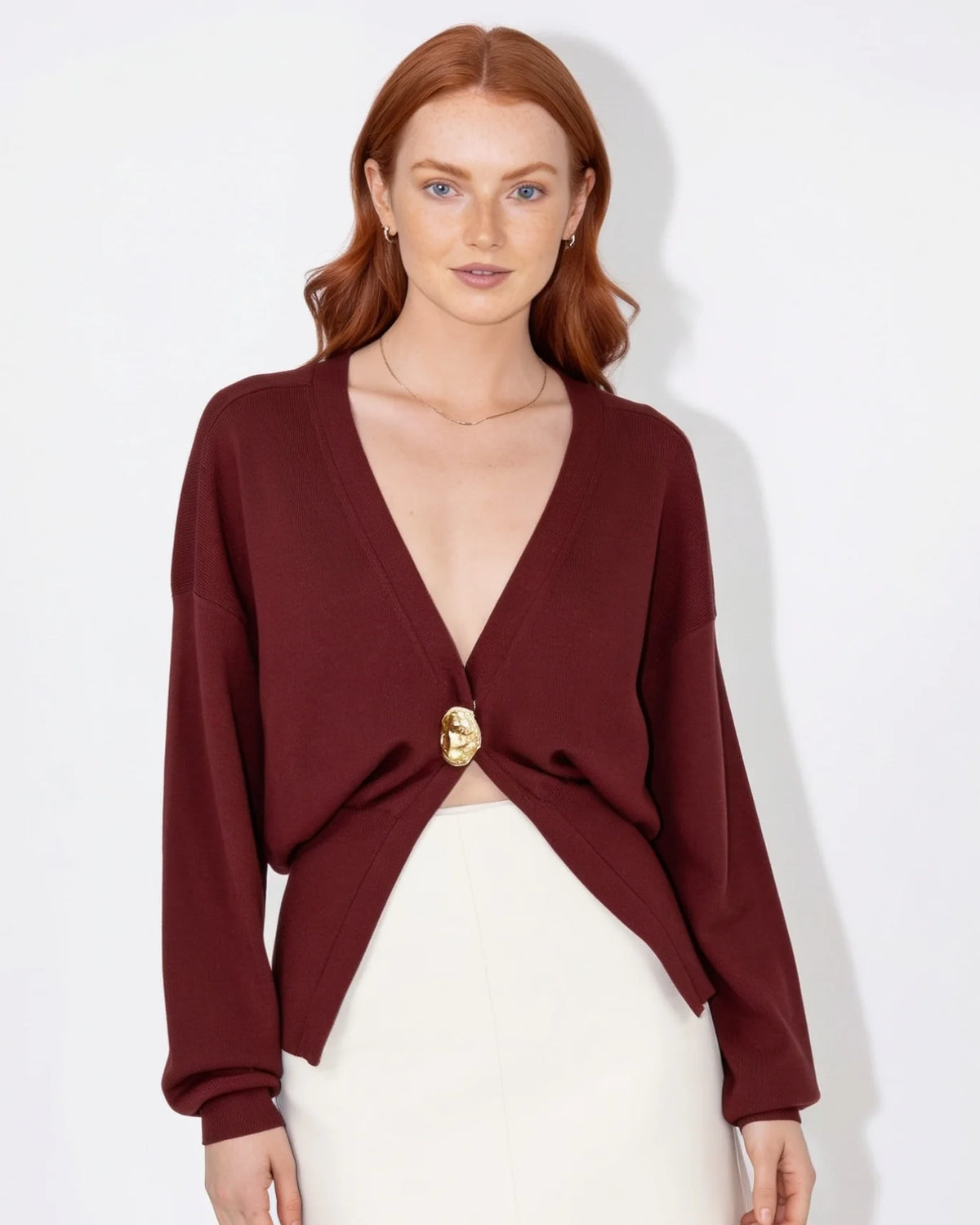 V-Neck Cardigan with Metallic Button and Split Hem 10