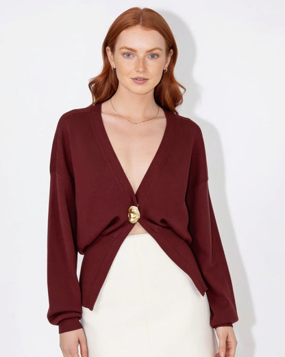 V-Neck Cardigan with Metallic Button and Split Hem 10
