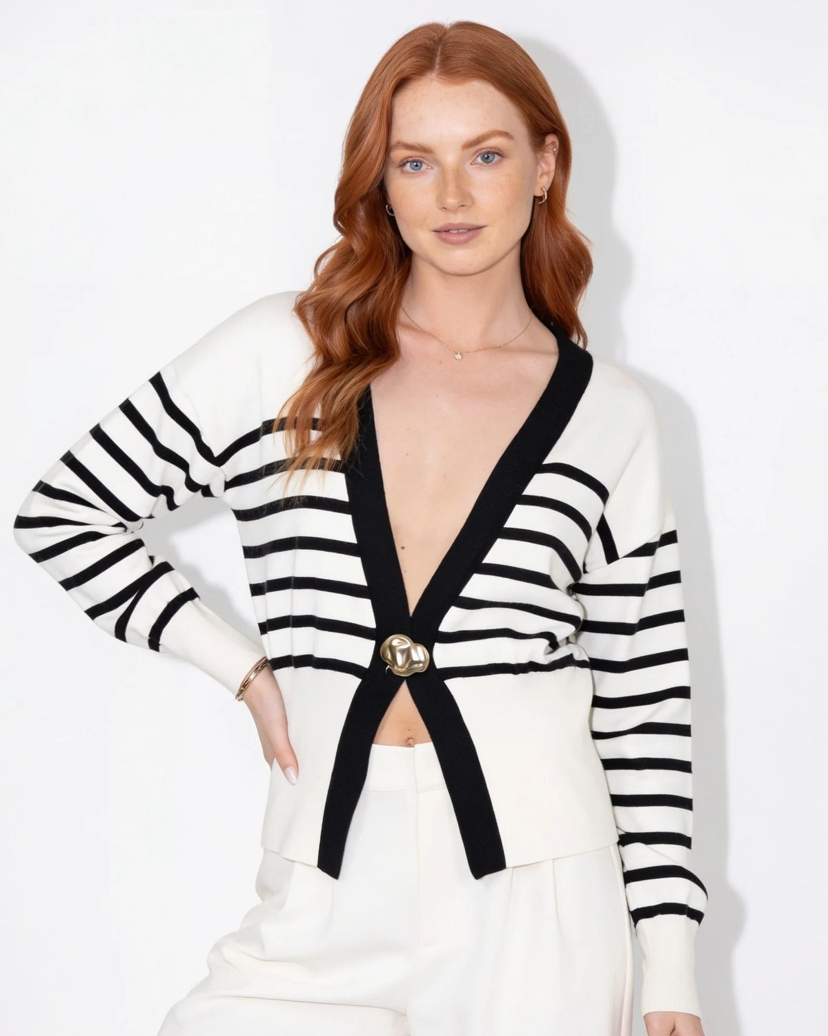 V-Neck Cardigan with Metallic Button and Split Hem 3