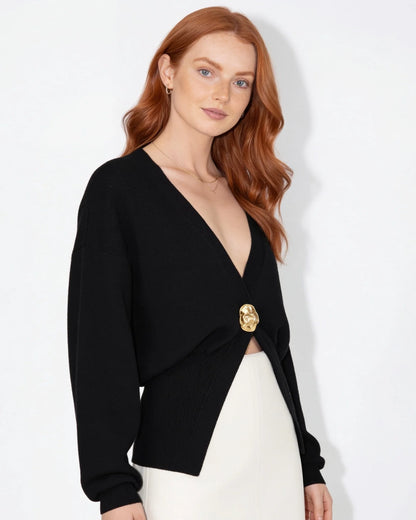 V-Neck Cardigan with Metallic Button and Split Hem 7