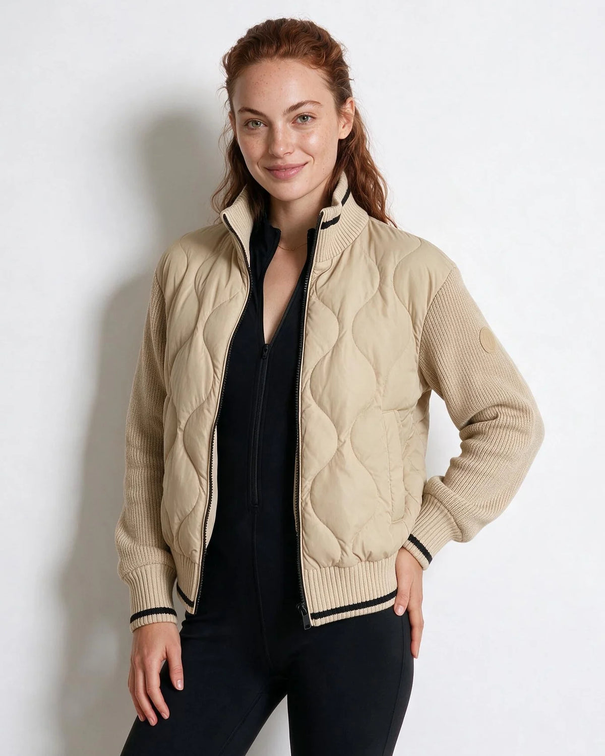Wave Quilted Knit-Sleeve Bomber Jacket 0