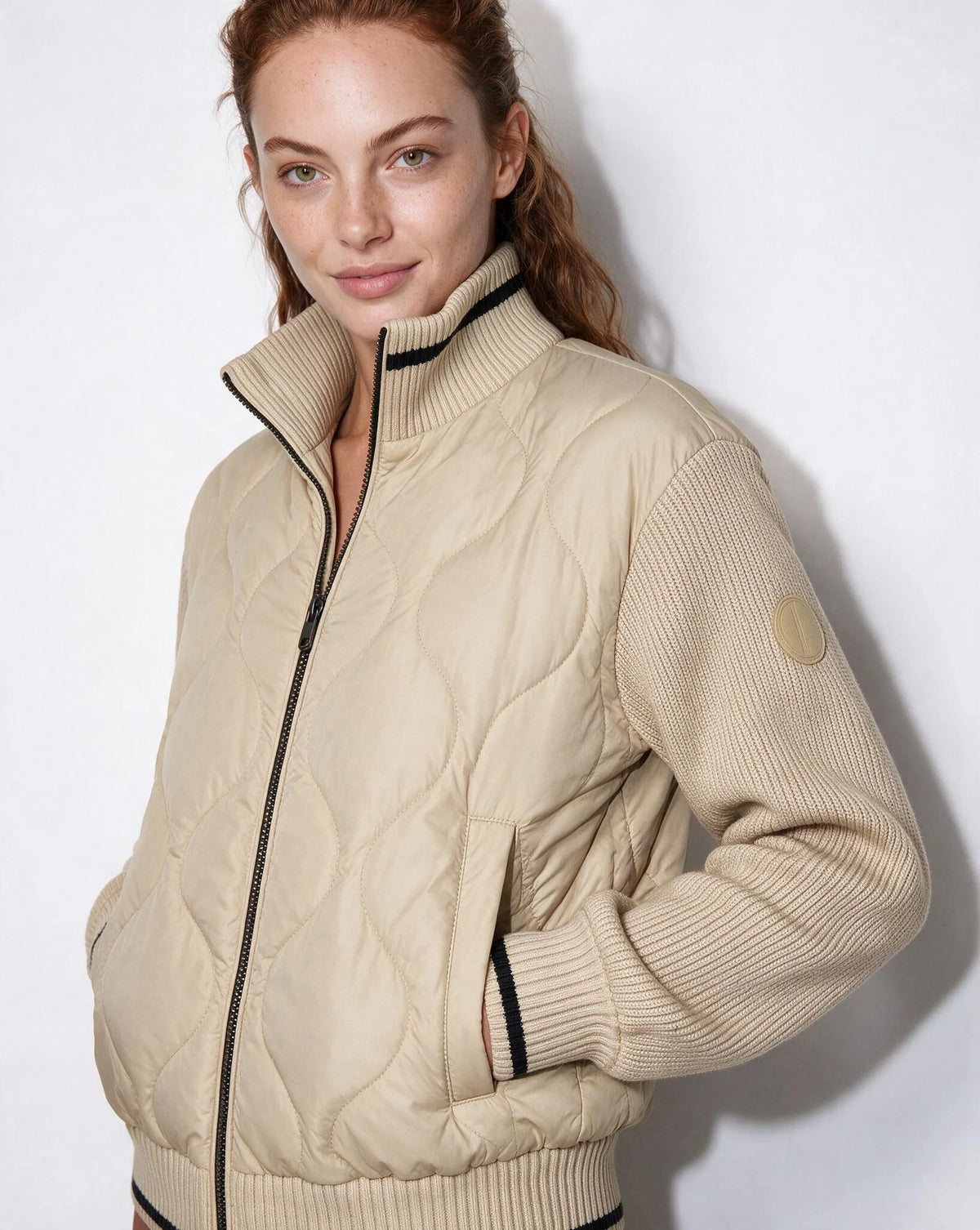 Wave Quilted Knit-Sleeve Bomber Jacket 3