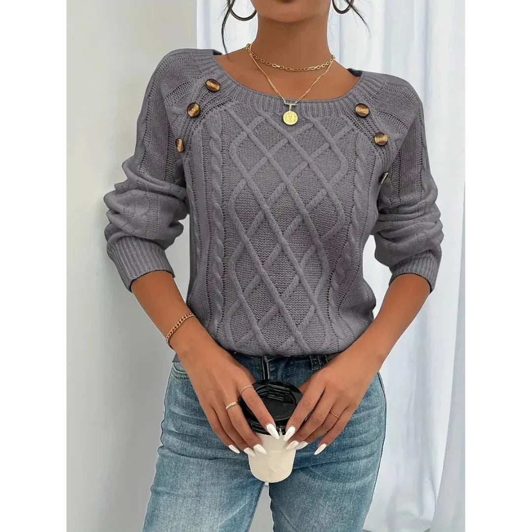 Women's Cable Knit Sweater | Long Sleeve Button Detail 3