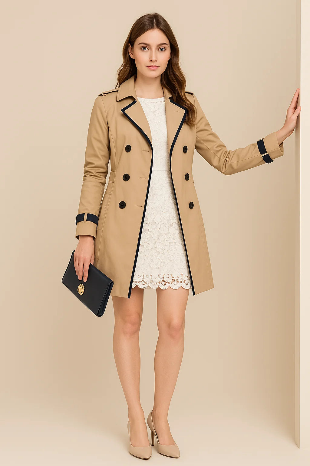 Women's Double-Breasted Belted Trench Coat Longline Jacket 0