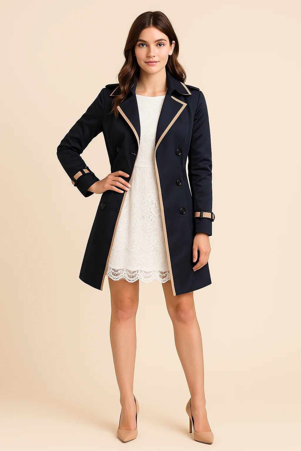 Women's Double-Breasted Belted Trench Coat Longline Jacket 1