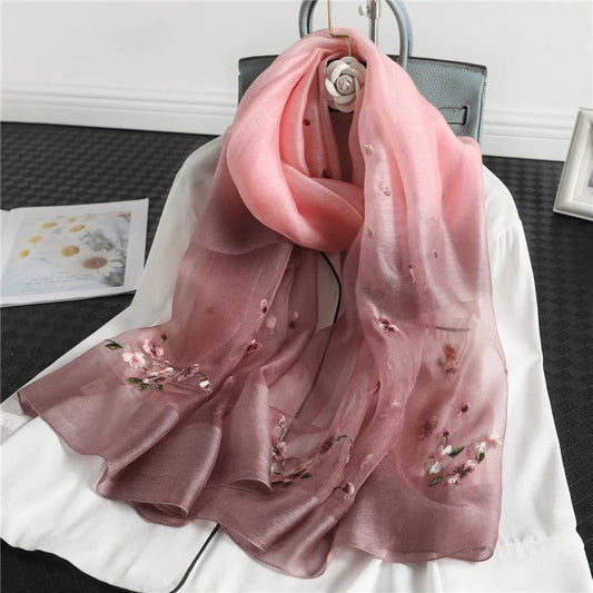 Women's Silk Wool Scarf Embroidered Floral 190x70 cm 0
