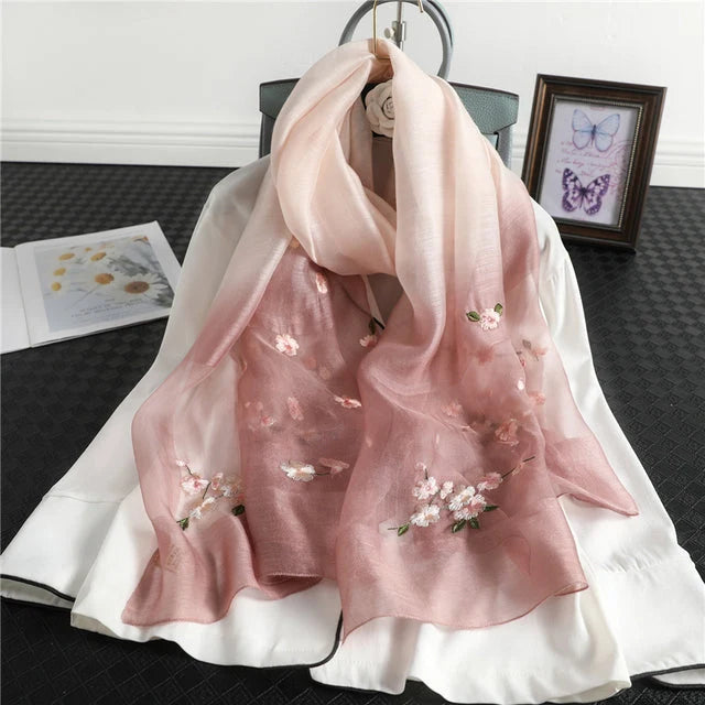Women's Silk Wool Scarf Embroidered Floral 190x70 cm 10