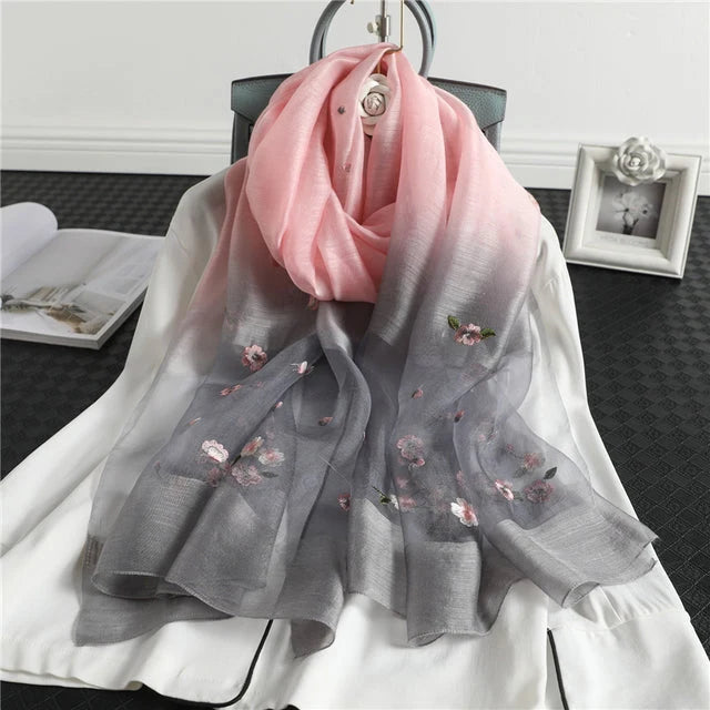 Women's Silk Wool Scarf Embroidered Floral 190x70 cm 12