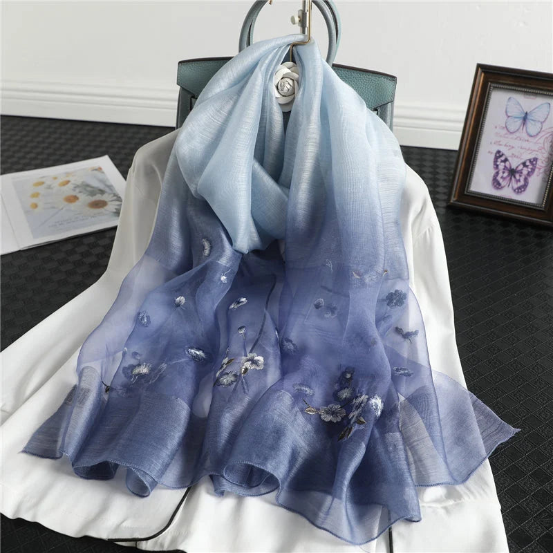 Women's Silk Wool Scarf Embroidered Floral 190x70 cm 2