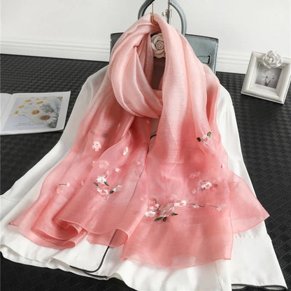 Women's Silk Wool Scarf Embroidered Floral 190x70 cm 4