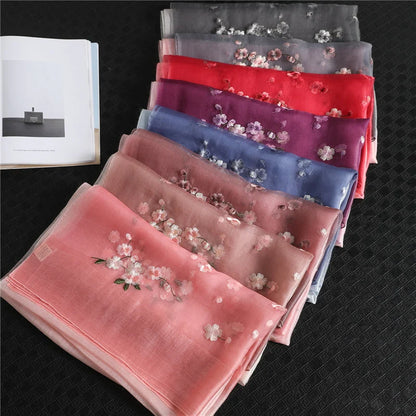 Women's Silk Wool Scarf Embroidered Floral 190x70 cm 5