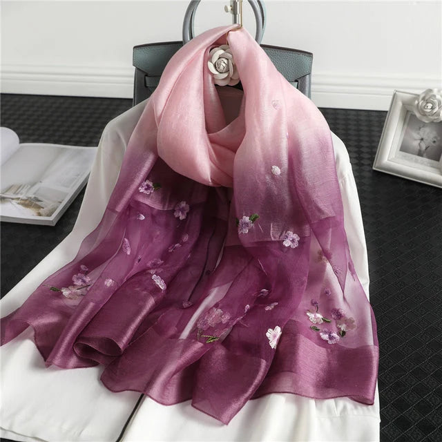 Women's Silk Wool Scarf Embroidered Floral 190x70 cm 6