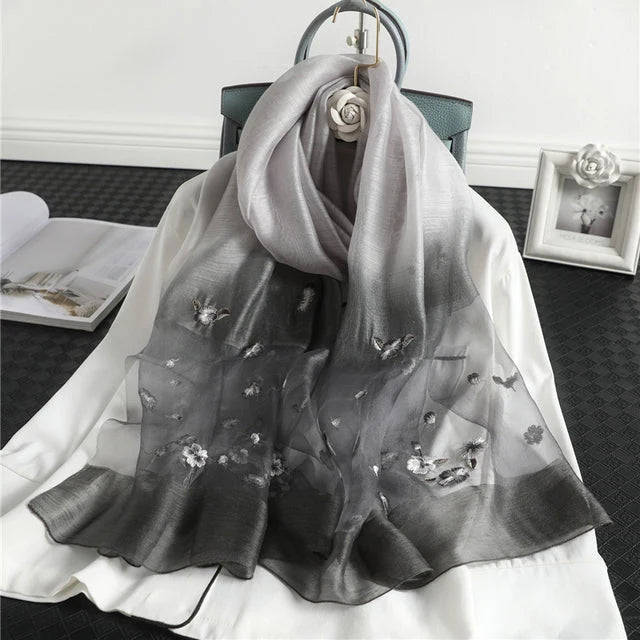 Women's Silk Wool Scarf Embroidered Floral 190x70 cm 7