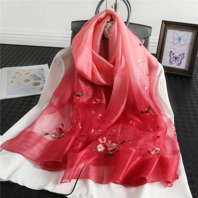 Women's Silk Wool Scarf Embroidered Floral 190x70 cm 8