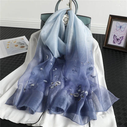 Women's Silk Wool Scarf Embroidered Floral 190x70 cm 9