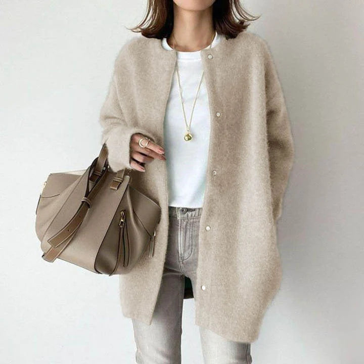Wool Cardigan with Suede Detail | Women's Relaxed Fit Sweater 0