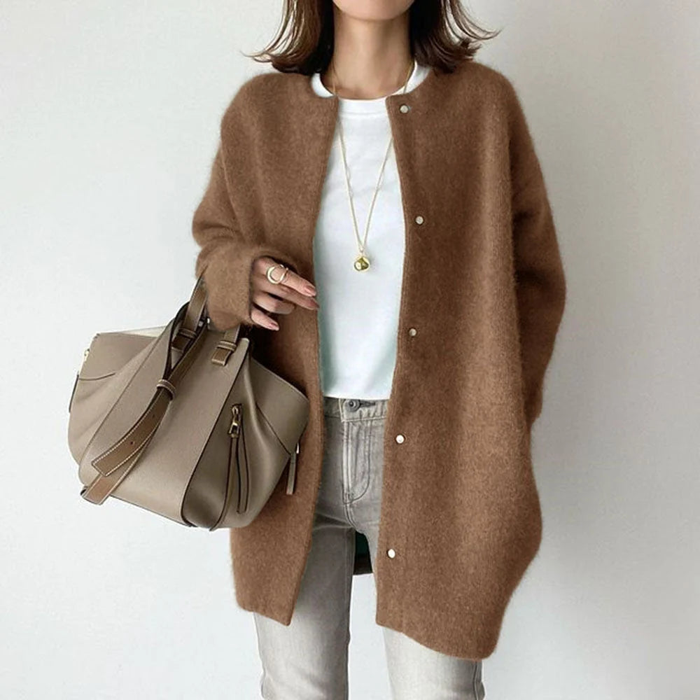 Wool Cardigan with Suede Detail | Women's Relaxed Fit Sweater 1