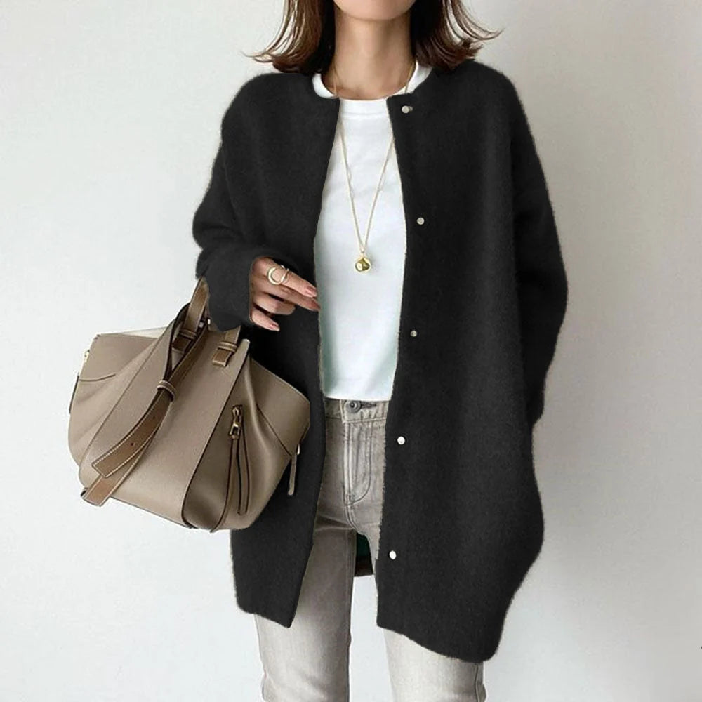 Wool Cardigan with Suede Detail | Women's Relaxed Fit Sweater 2