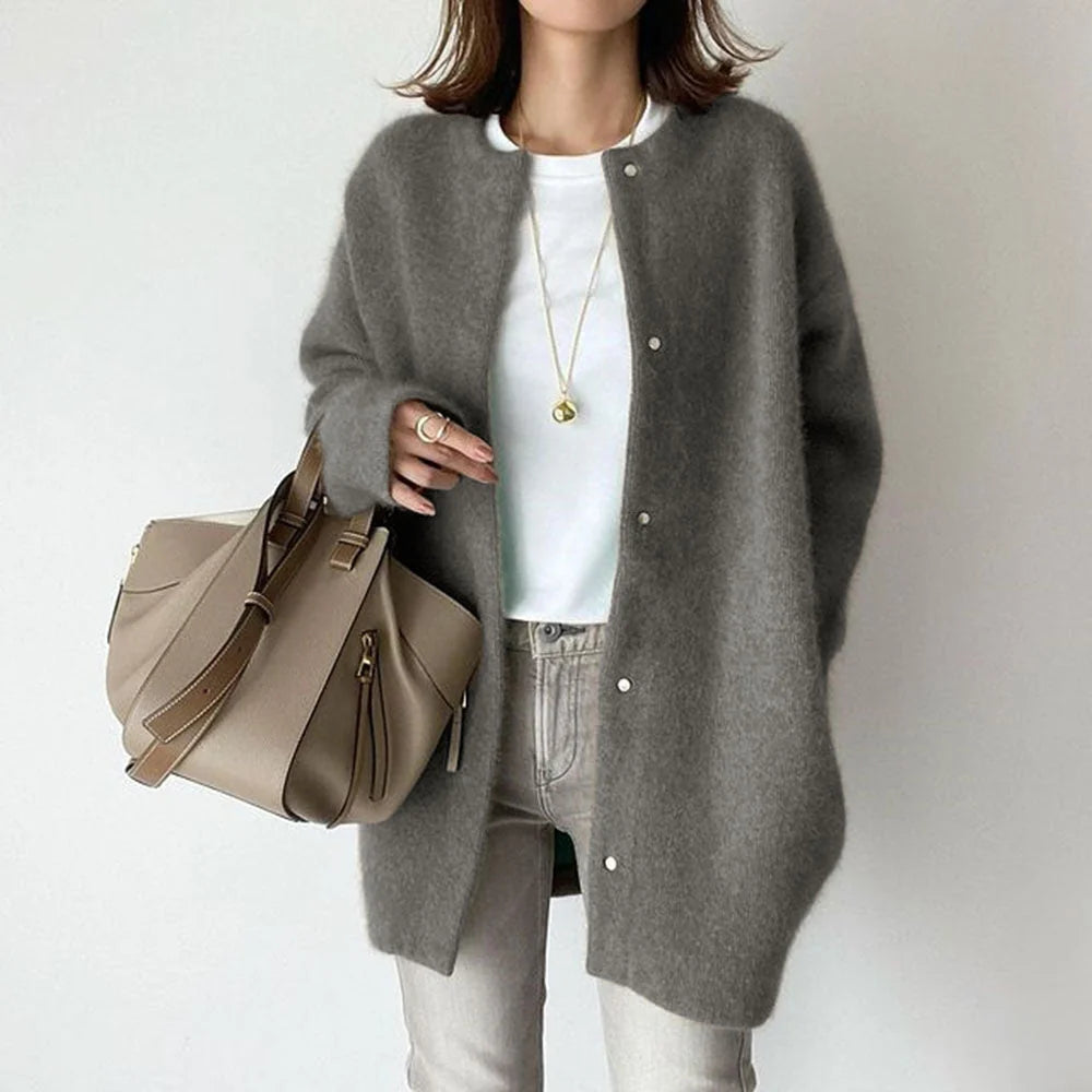 Wool Cardigan with Suede Detail | Women's Relaxed Fit Sweater 3