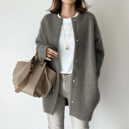 Wool Cardigan with Suede Detail | Women's Relaxed Fit Sweater 3