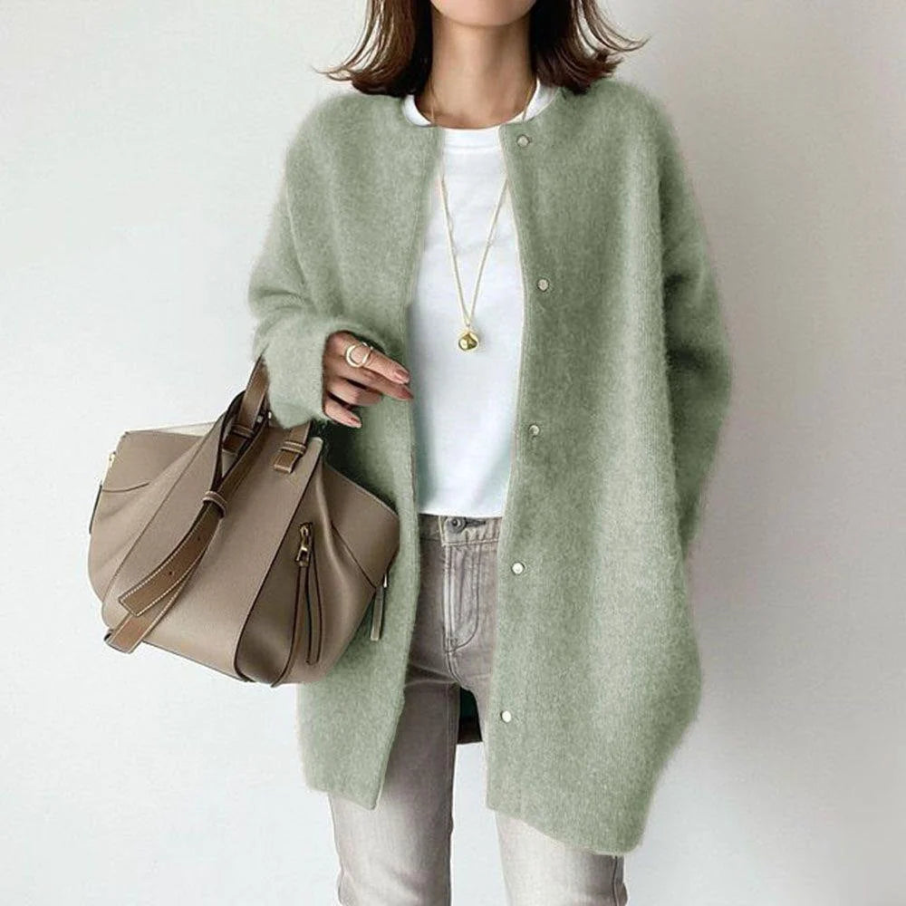 Wool Cardigan with Suede Detail | Women's Relaxed Fit Sweater 4