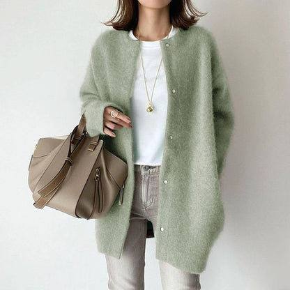 Wool Cardigan with Suede Detail | Women's Relaxed Fit Sweater 4